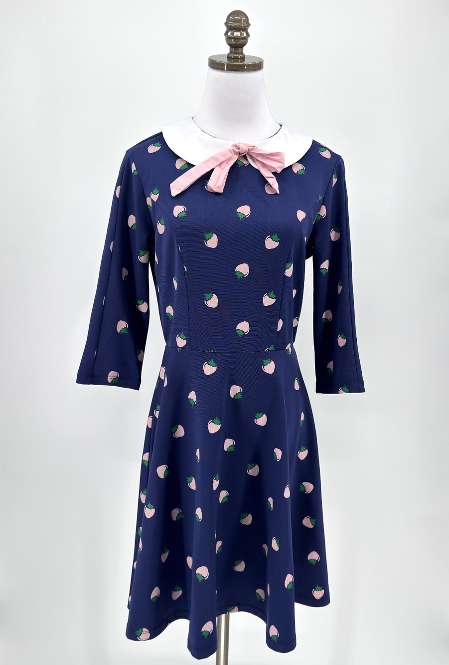 Unique Vintage Navy Blue Strawberry Print Collared 3/4 Sleeve Swing Dress Sz L